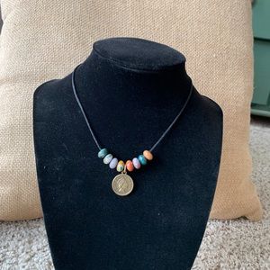 Fancy jasper stone beads & bronze coin charm